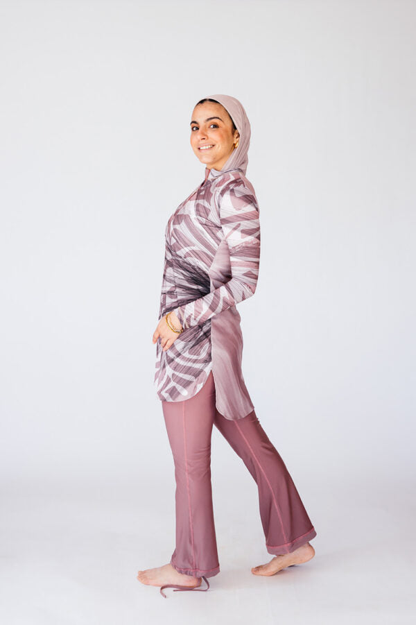 Huruf Mauve Calligraphy Print Zip Neck Swim Top