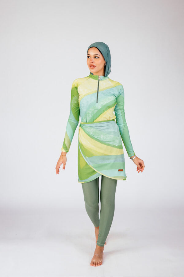 Lime Fusion Lime and Mint Wave Print Zip Neck Swim Top