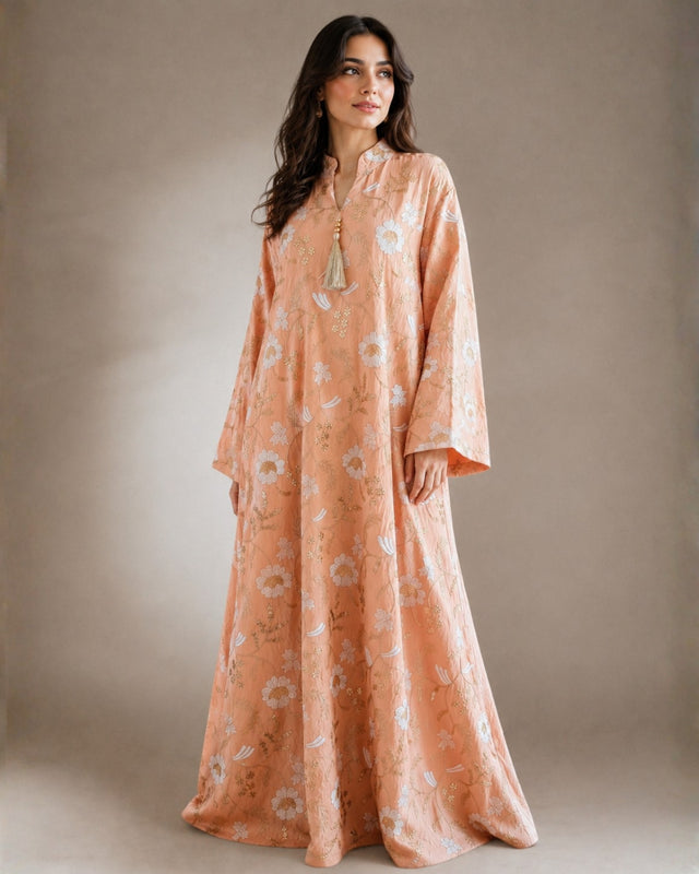 Peach Gold Floral Embroidered Linen Jalabiya with Split Neck