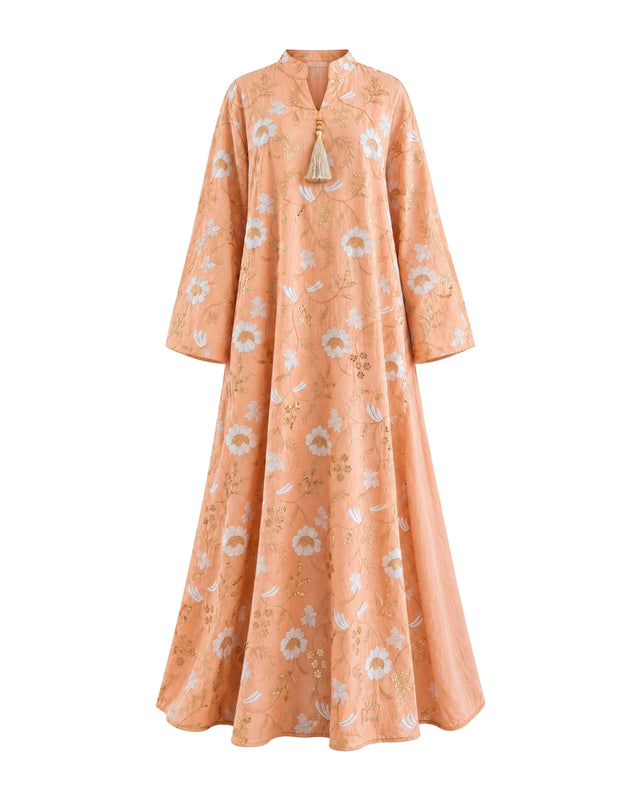 Peach Gold Floral Embroidered Linen Jalabiya with Split Neck