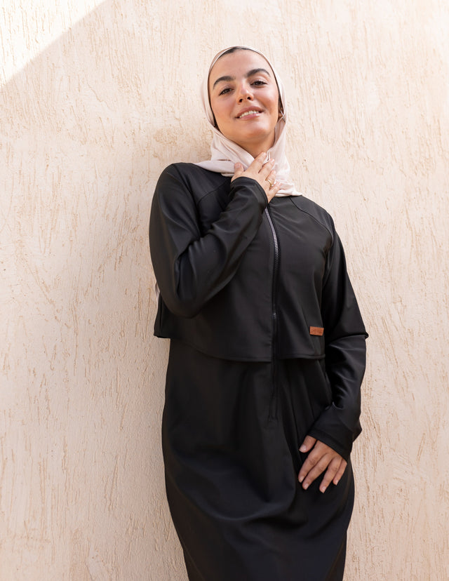 توب سباحة فلو أسود طويل بسحّاب أمامي