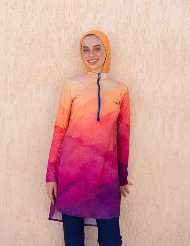Sunset Mauve Zip Neck Gradient Swim Top