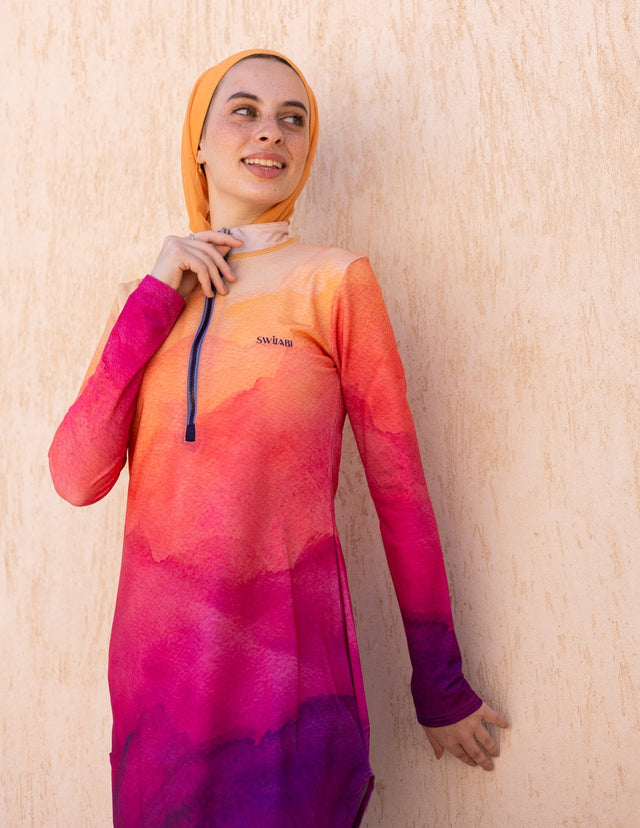 Sunset Mauve Zip Neck Gradient Swim Top