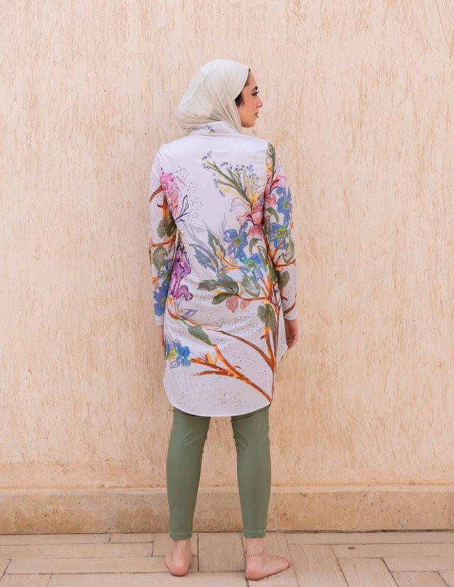Ward Floral Watercolour Print Long Sleeve Swim Top