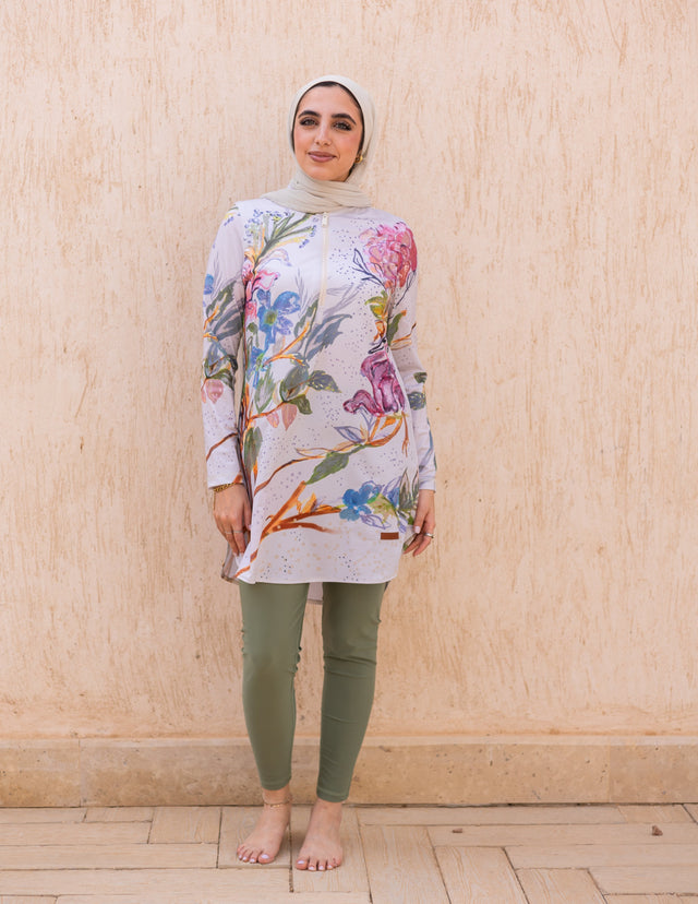 Ward Floral Watercolour Print Long Sleeve Swim Top
