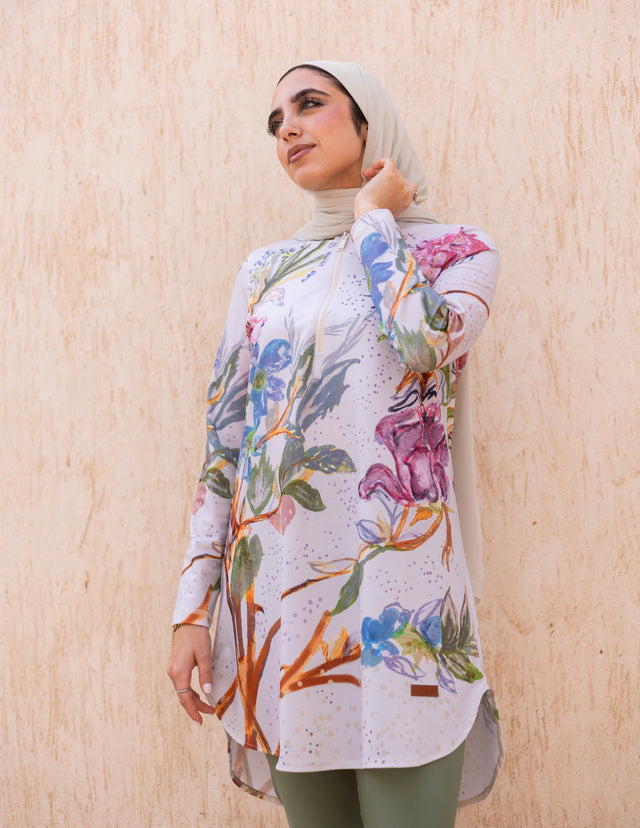 Ward Floral Watercolour Print Long Sleeve Swim Top