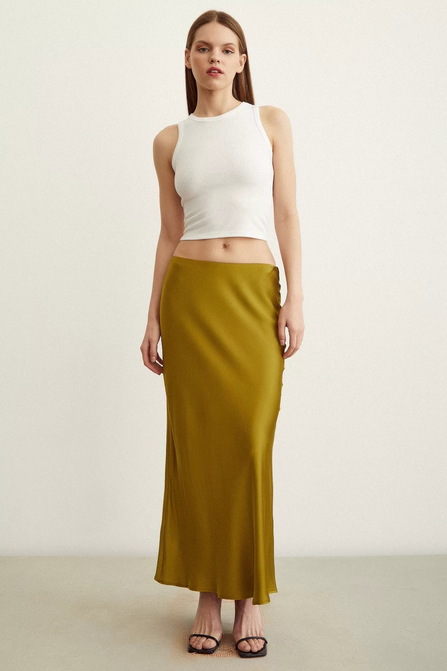 Satin Flared Skirt - Olive