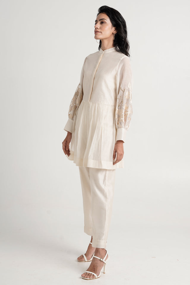 Ivory Abe 2.0 Micro-gathered Peplum Tunic Set by Madder Much, band collar tunic with embroidered balloon sleeves