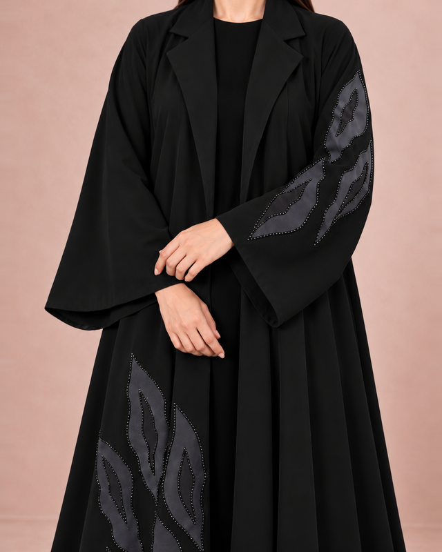Sky Black Embroidered Crepe Open Front Abaya with Headscarf