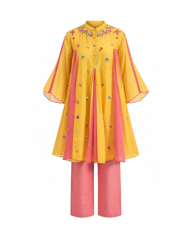 Aam Yellow Embroidered Yoke Flared Tunic - Tunic - Mizyana