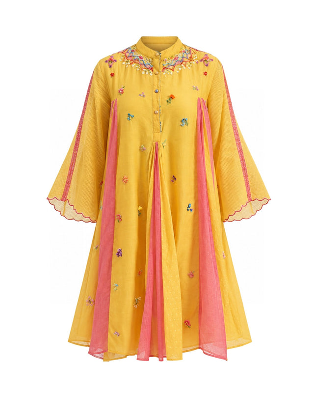 Aam Yellow Embroidered Yoke Flared Tunic - Tunic - Mizyana