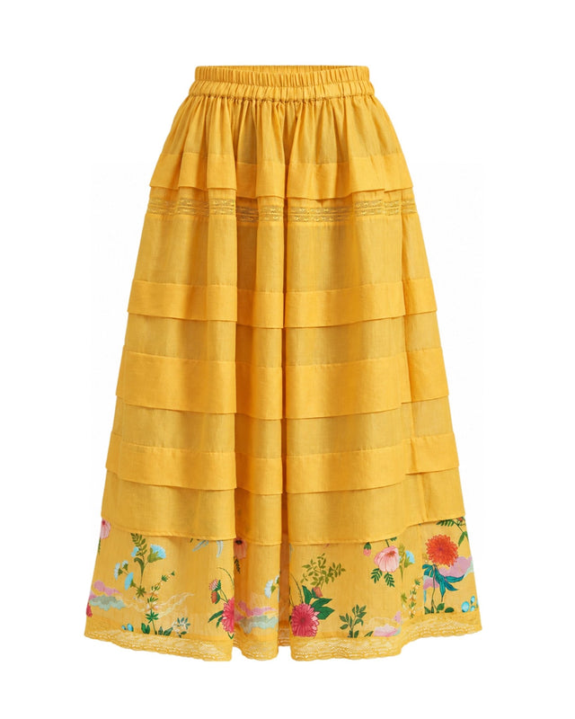 Aam Yellow Layered Floral Hem Cotton Silk Skirt - Skirt - Mizyana
