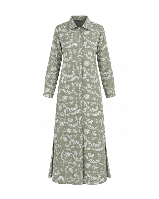 Aira Sage Green Floral Print Cotton Shirt Dress - Shirt Dress - Mizyana