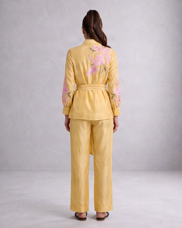 Alfie Butter Yellow Embroidered Obi Belt Blazer and Pant Two-Piece Set - Two-Piece Set - Mizyana