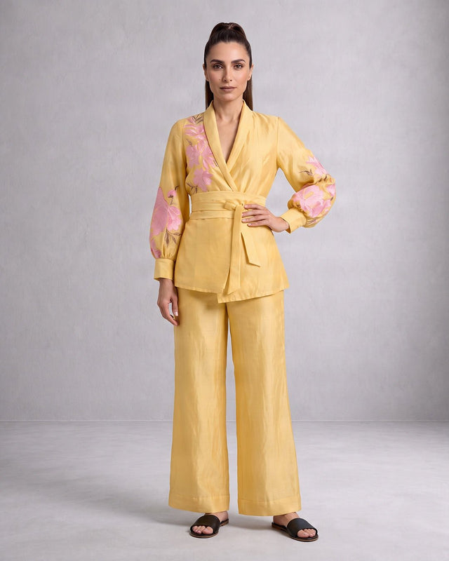 Alfie Butter Yellow Embroidered Obi Belt Blazer and Pant Two-Piece Set - Two-Piece Set - Mizyana