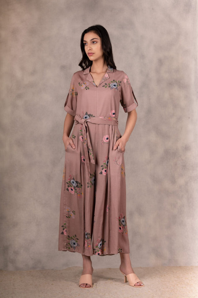 Almond Eden Print Jumpsuit In Georgette Moss With Hand Embroidery Details - Mizyana