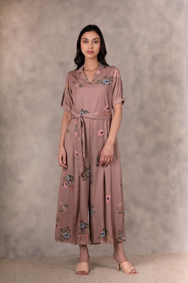 Almond Eden Print Jumpsuit In Georgette Moss With Hand Embroidery Details - Mizyana