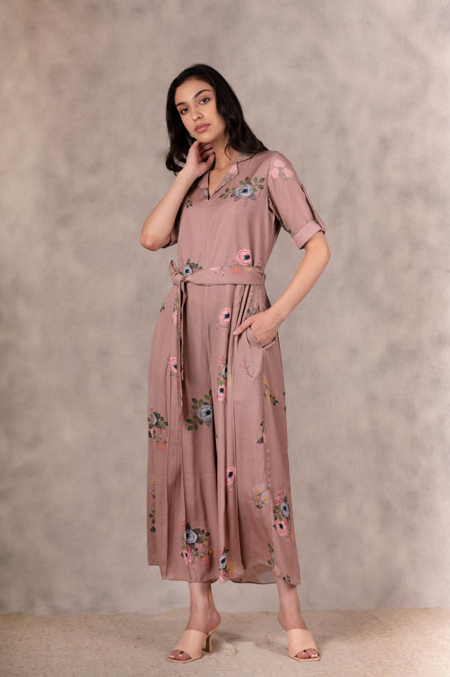 Almond Eden Print Jumpsuit In Georgette Moss With Hand Embroidery Details - Mizyana