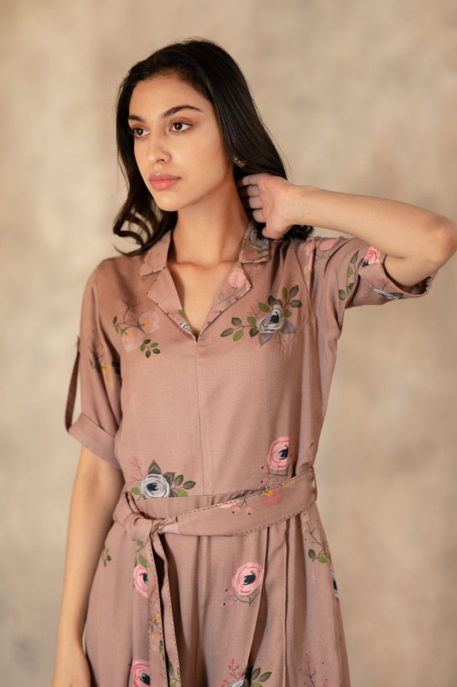 Almond Eden Print Jumpsuit In Georgette Moss With Hand Embroidery Details - Mizyana