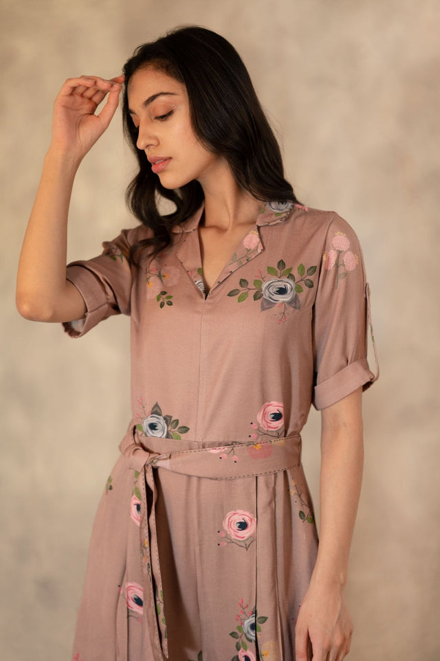 Almond Eden Print Jumpsuit In Georgette Moss With Hand Embroidery Details - Mizyana