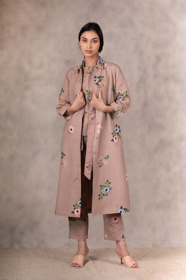 Almond Eden Print Top In Linen With Hand Embroidery Details - Mizyana