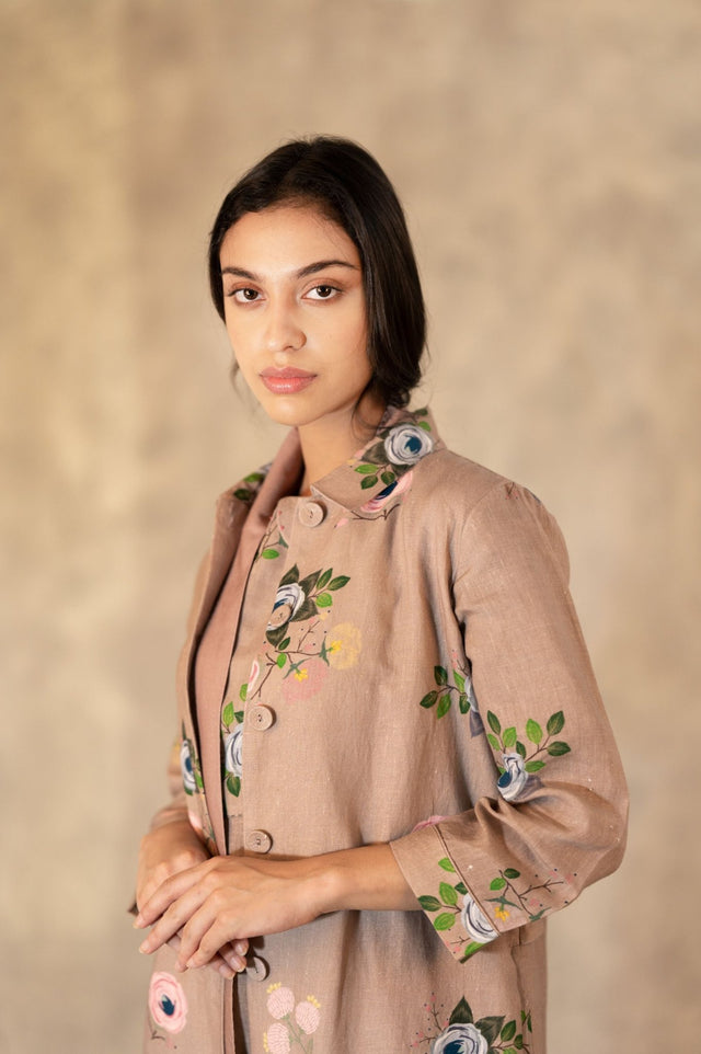 Almond Eden Print Top In Linen With Hand Embroidery Details - Mizyana