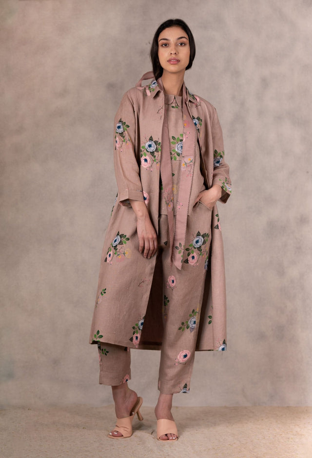 Almond Eden Print Top In Linen With Hand Embroidery Details - Mizyana