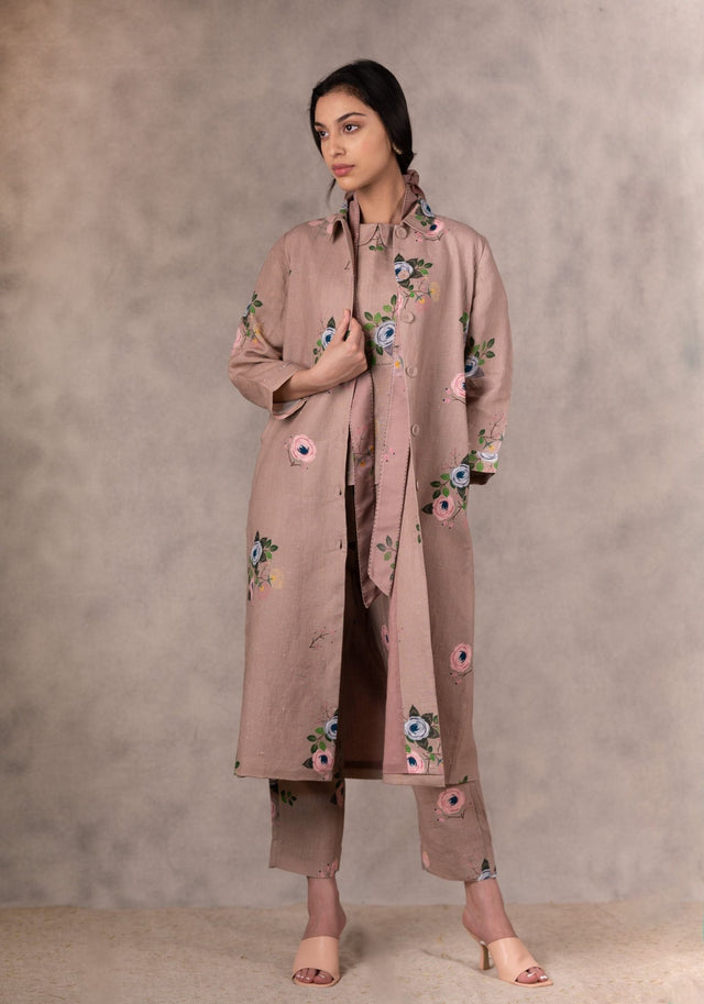 Almond Eden Print Top In Linen With Hand Embroidery Details - Mizyana