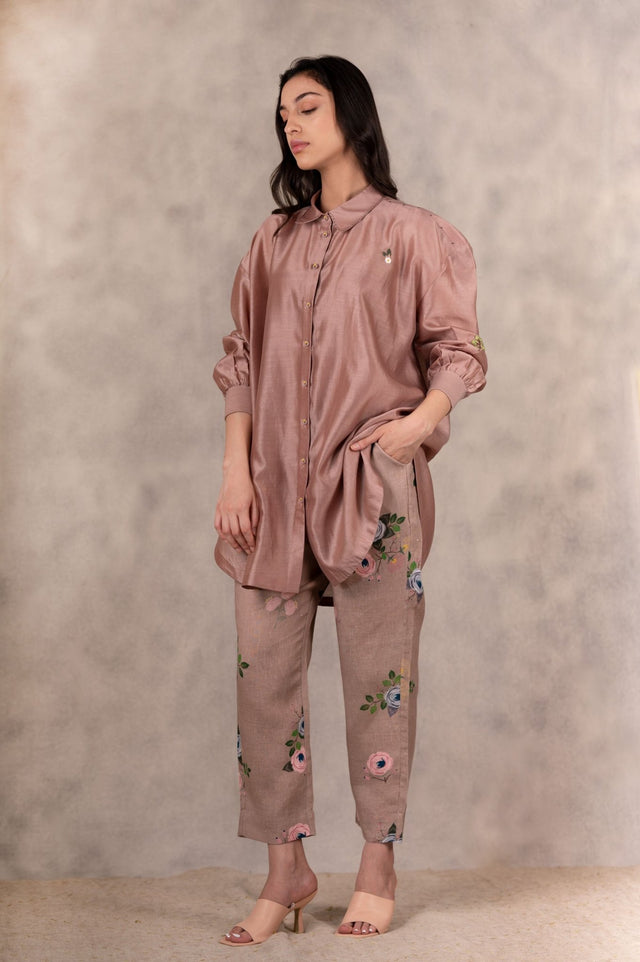 Almond Hand Embroidered Shirt In Chanderi With Printed Pants In Linen Set - Mizyana