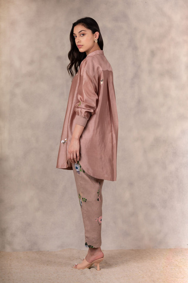 Almond Hand Embroidered Shirt In Chanderi With Printed Pants In Linen Set - Mizyana