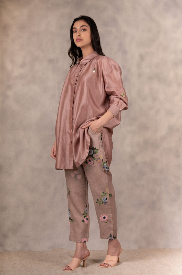 Almond Hand Embroidered Shirt In Silk Chanderi - Mizyana