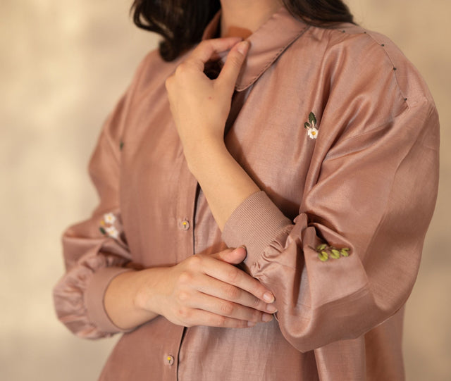 Almond Hand Embroidered Shirt In Silk Chanderi - Mizyana