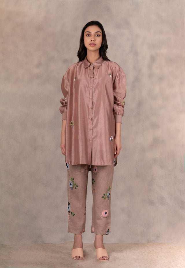 Almond Hand Embroidered Shirt In Silk Chanderi - Mizyana