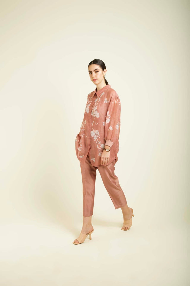 Almond Mul Chanderi Drop Shoulder Shirt With Straight Pants In Silk Chanderi - Two-Piece Set - Mizyana