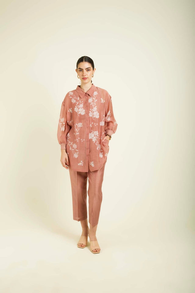 Almond Mul Chanderi Drop Shoulder Shirt With Straight Pants In Silk Chanderi - Two-Piece Set - Mizyana