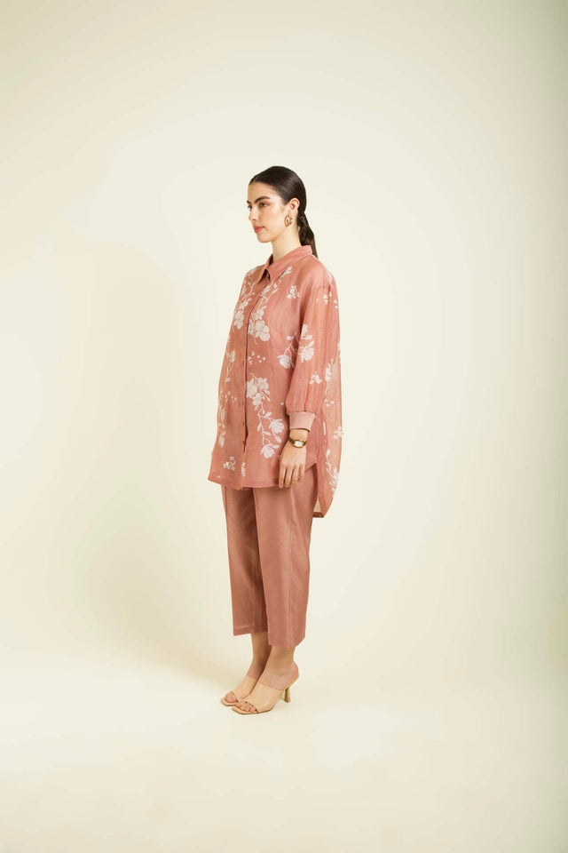 Almond Mul Chanderi Drop Shoulder Shirt With Straight Pants In Silk Chanderi - Two-Piece Set - Mizyana