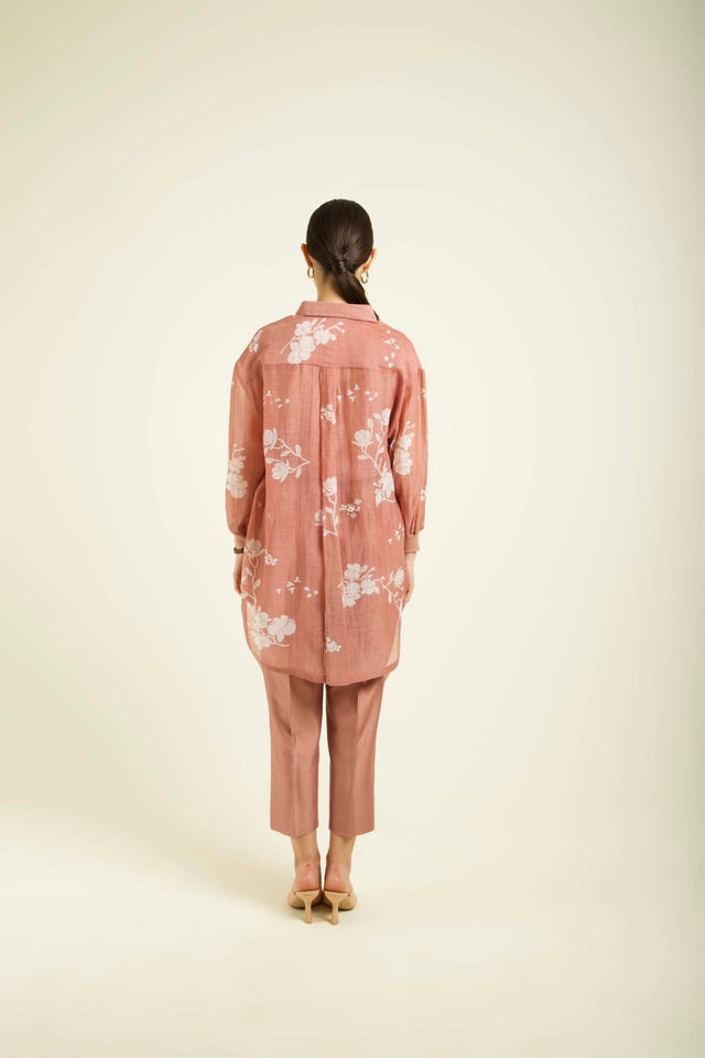 Almond Mul Chanderi Drop Shoulder Shirt With Straight Pants In Silk Chanderi - Two-Piece Set - Mizyana