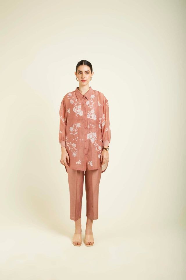 Almond Mul Chanderi Drop Shoulder Shirt With Straight Pants In Silk Chanderi - Two-Piece Set - Mizyana