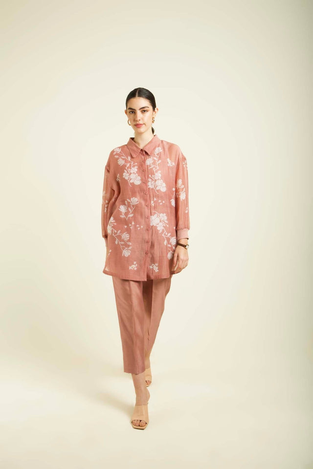 Almond Mul Chanderi Drop Shoulder Shirt With Straight Pants In Silk Chanderi - Two-Piece Set - Mizyana