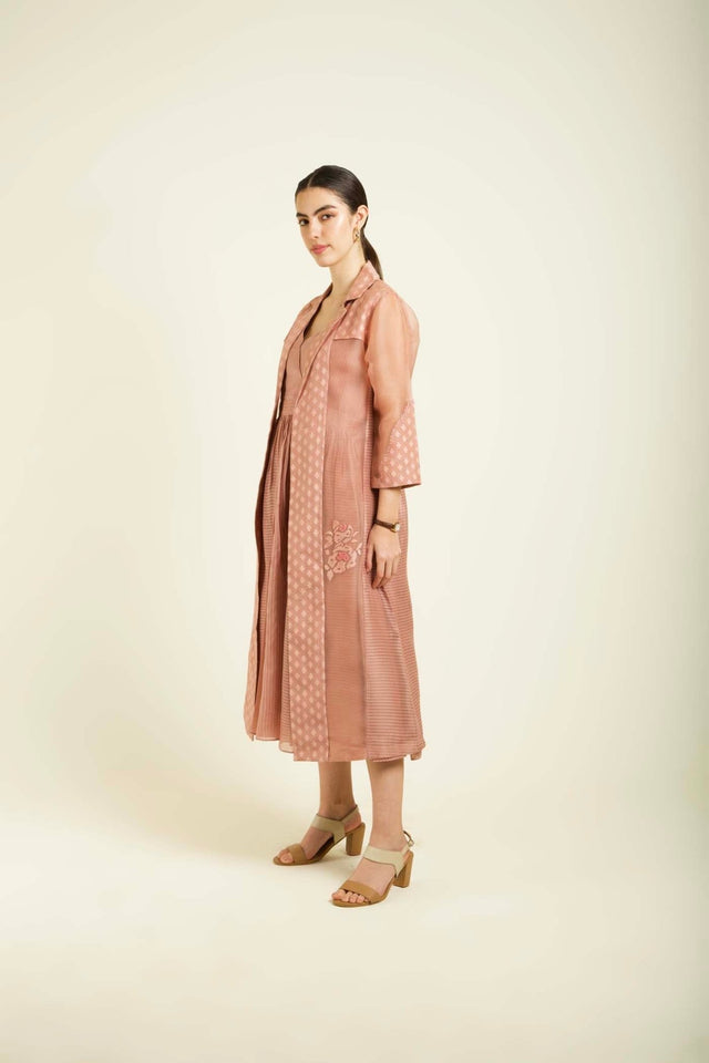 Almond Organza Embroided Jacket With Strap Dress In Stripe Organza - Two-Piece Set - Mizyana
