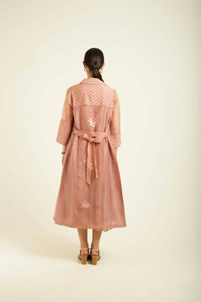 Almond Organza Embroided Jacket With Strap Dress In Stripe Organza - Two-Piece Set - Mizyana