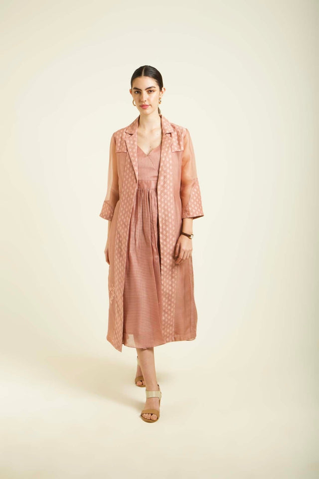 Almond Organza Embroided Jacket With Strap Dress In Stripe Organza - Two-Piece Set - Mizyana