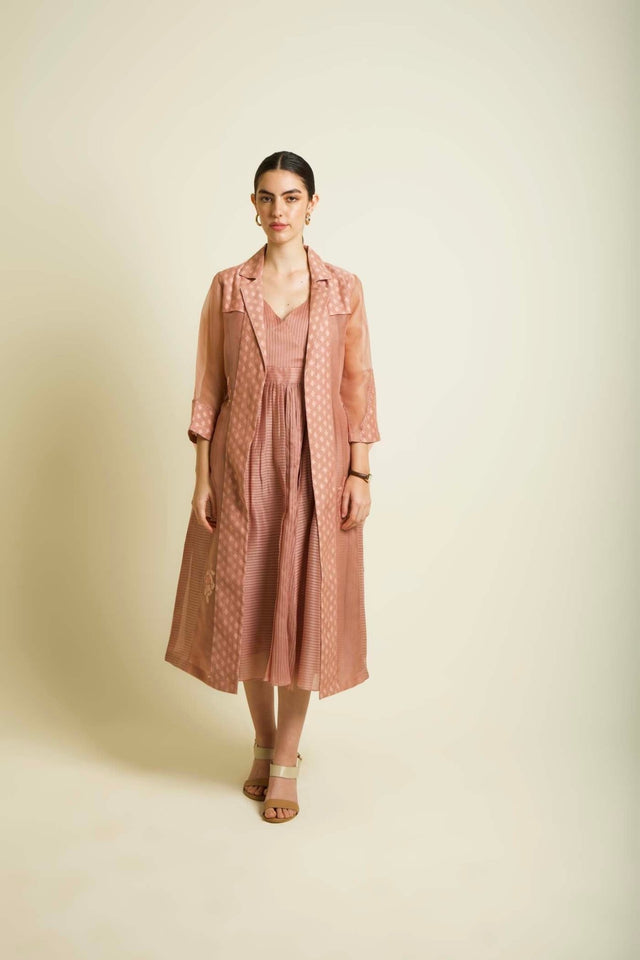 Almond Organza Embroided Jacket With Strap Dress In Stripe Organza - Two-Piece Set - Mizyana
