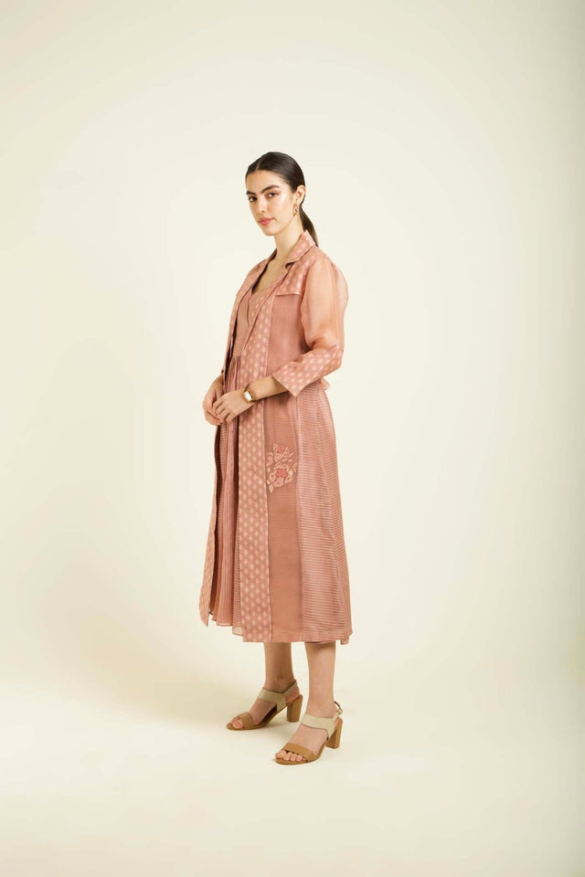 Almond Organza Embroided Jacket With Strap Dress In Stripe Organza - Two-Piece Set - Mizyana