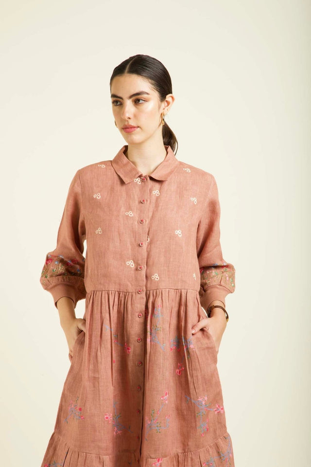 Almond Printed Gathered Dress In Linen With Embroidery Details - Dress - Mizyana