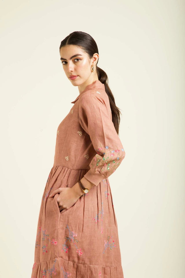 Almond Printed Gathered Dress In Linen With Embroidery Details - Dress - Mizyana