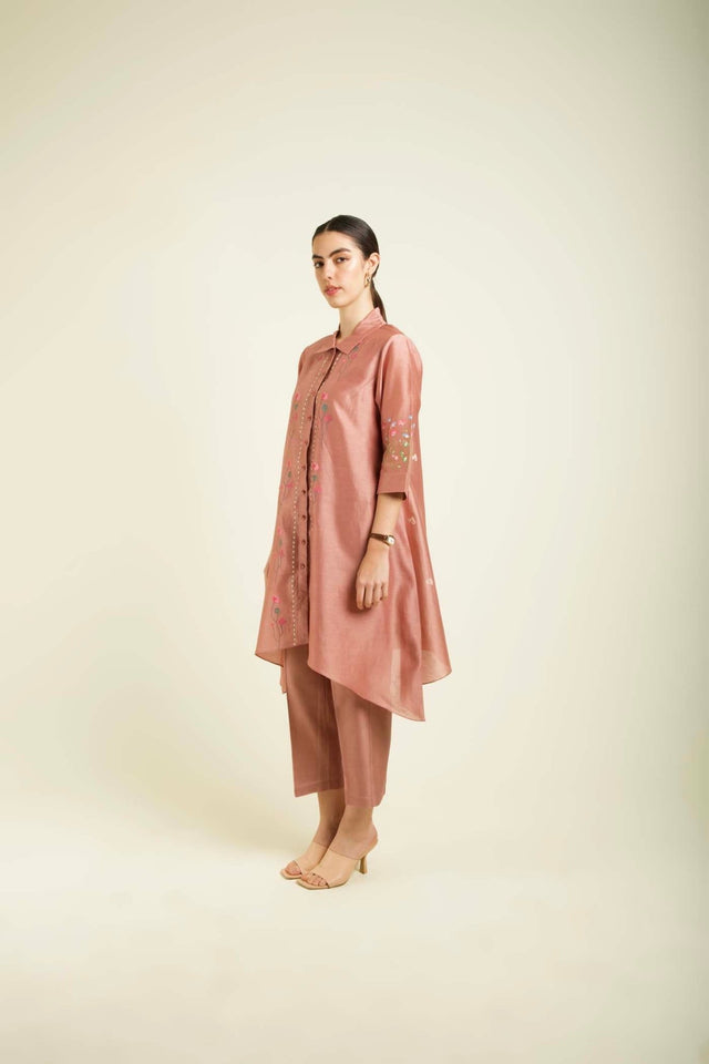 Almond Silk Chanderi Shirt With Embroidery And Straight Pants In Silk Chanderi - Two-Piece Set - Mizyana