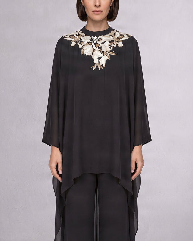Anisa Black Floral Embroidered Satin Crepe Kaftan with Pants - Kaftan - Mizyana