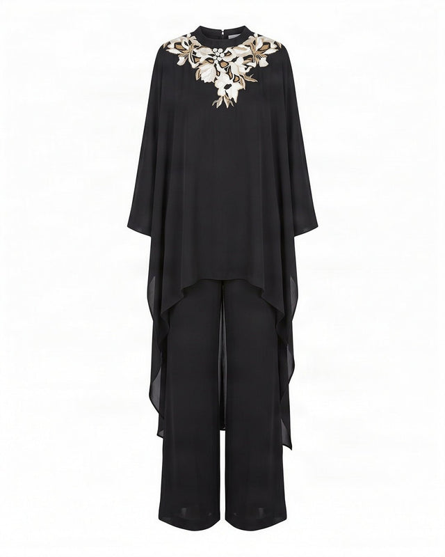 Anisa Black Floral Embroidered Satin Crepe Kaftan with Pants - Kaftan - Mizyana