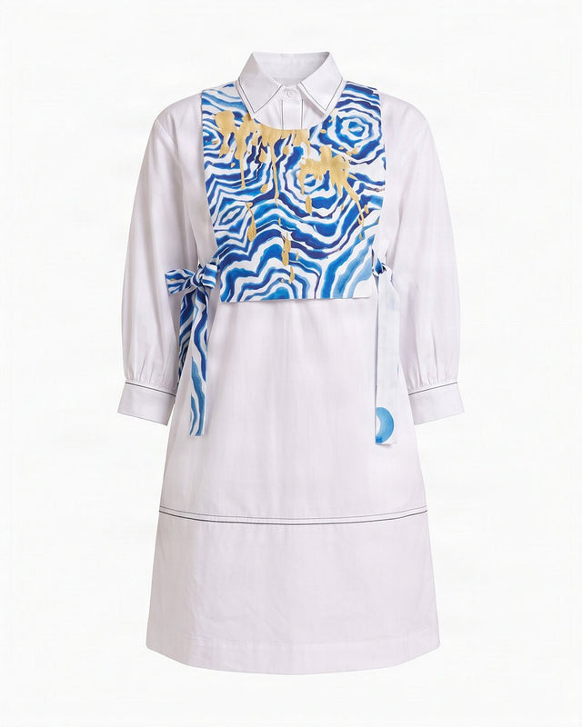 Apollo Sunlit Tide Print Cotton Poplin Shirt Dress with Bib - Shirt Dress - Mizyana